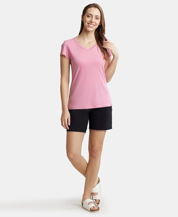 Women's Micro Modal Cotton Relaxed Fit Solid V Neck Half Sleeve T-Shirt with Lace Trim On Sleeves